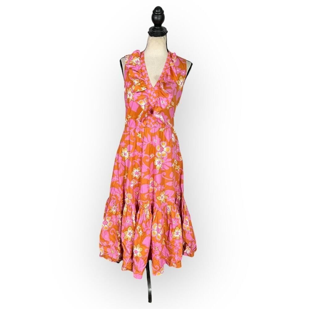 Warm Sierra Midi Dress Women's Size 1 Pink Orange Floral Ruffle Sleeveless RTR - Picture 3 of 15